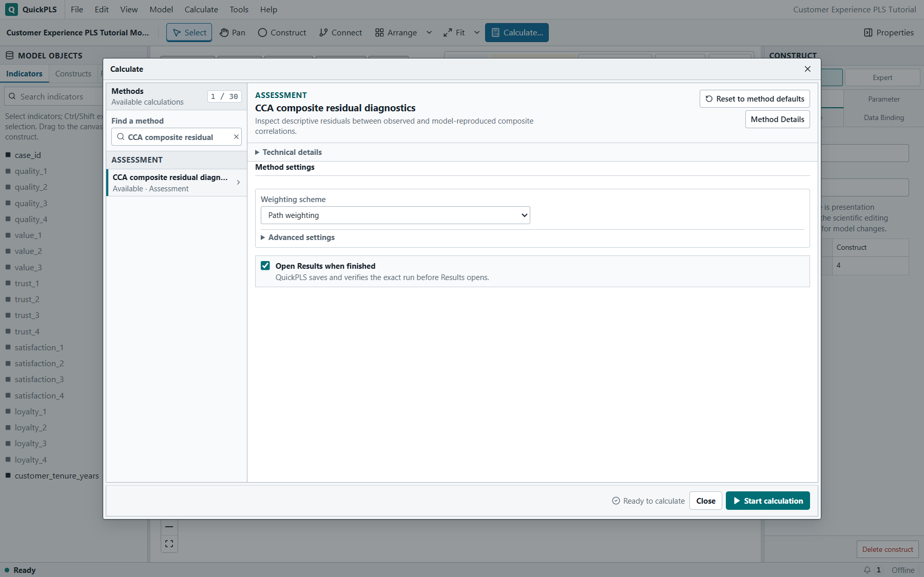 Confirmatory Composite Analysis: Correct method and required settings are visible