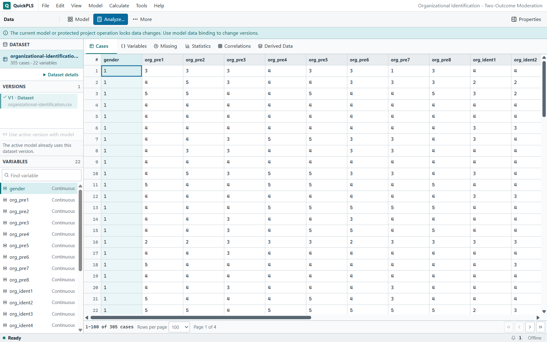 Moderation: The 305-case, 22-variable Organizational Identification dataset is open