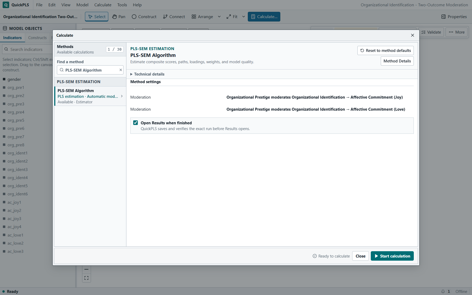 Moderation: PLS-SEM Algorithm is ready and lists both authored moderation relationships
