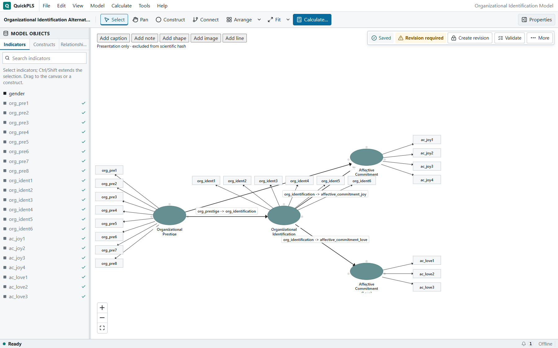 PLS Model Comparison: The prepared project opens with its saved, neatly arranged model diagram