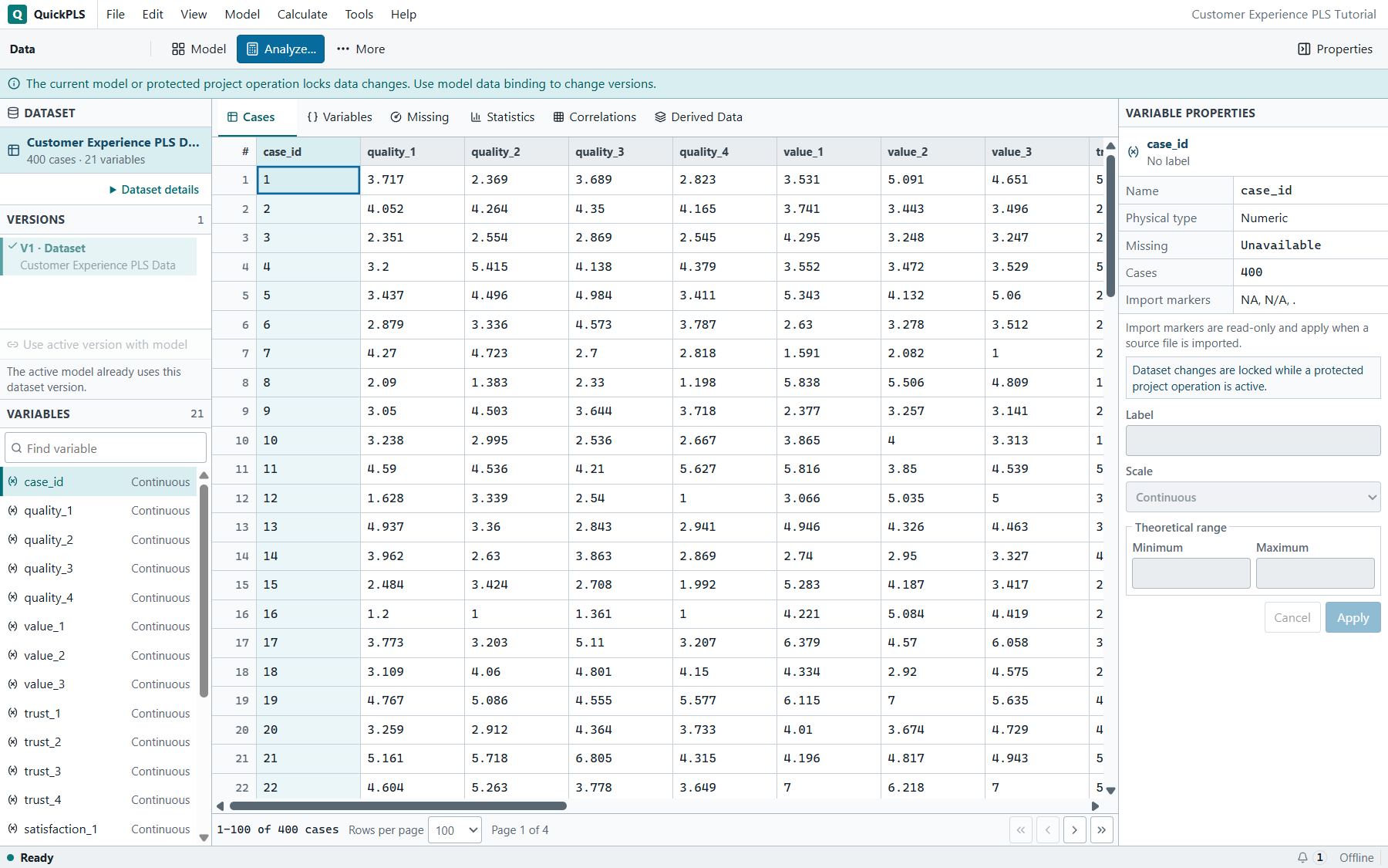 PLS Model Fit: Imported teaching dataset is open