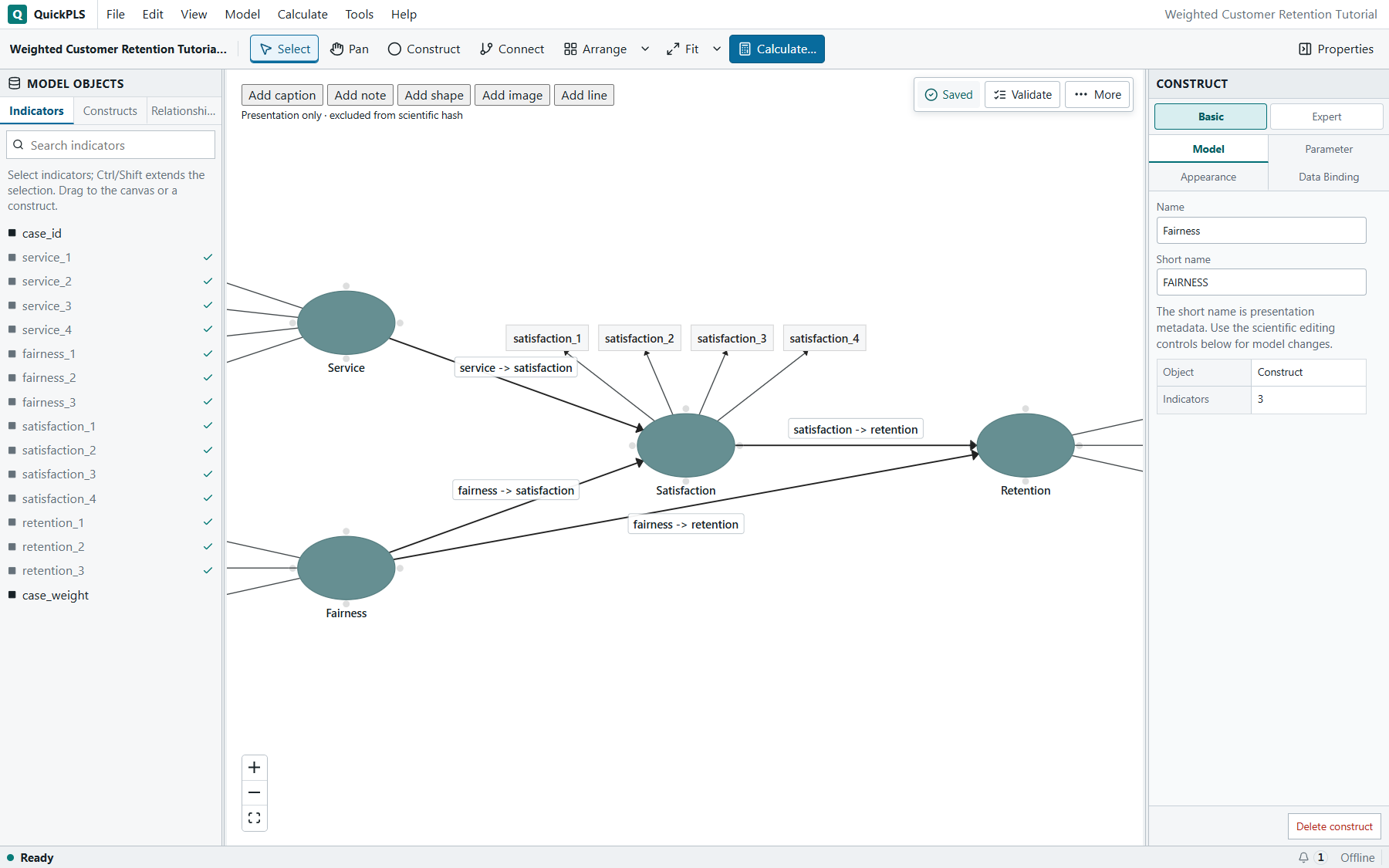 Weighted PLS: The prepared project opens with its saved, neatly arranged model diagram